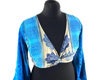 M/L Joy Bell Sleeve Crop Top; Silky Sari Summer Wrap Top (571-10280)