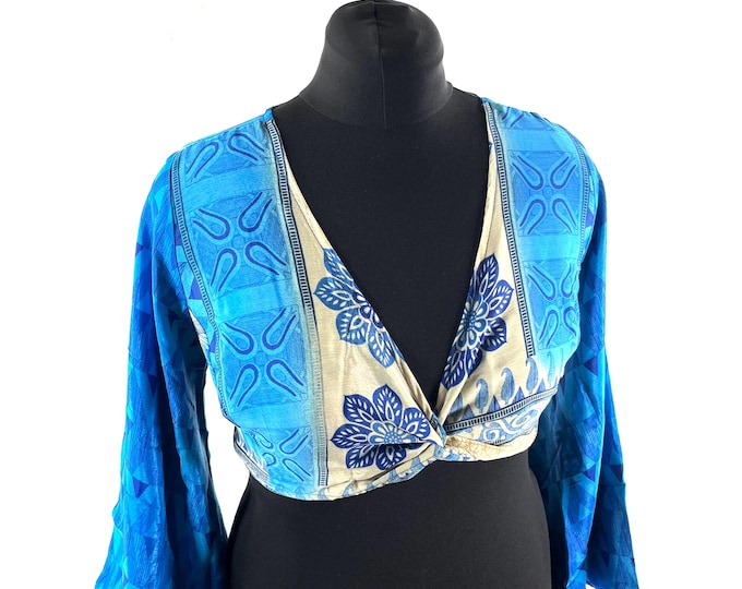Joy Bell Sleeve Crop Top; Silky Sari Summer Wrap Top UK-M/L (SKU:571-10280)