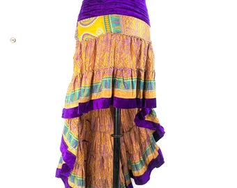 Layla Bohemian XL Waist Hi Low Silk Velvet Edged Skirt - One Size Plus [Fits up to 50" (127cm)] SKU:734-5554