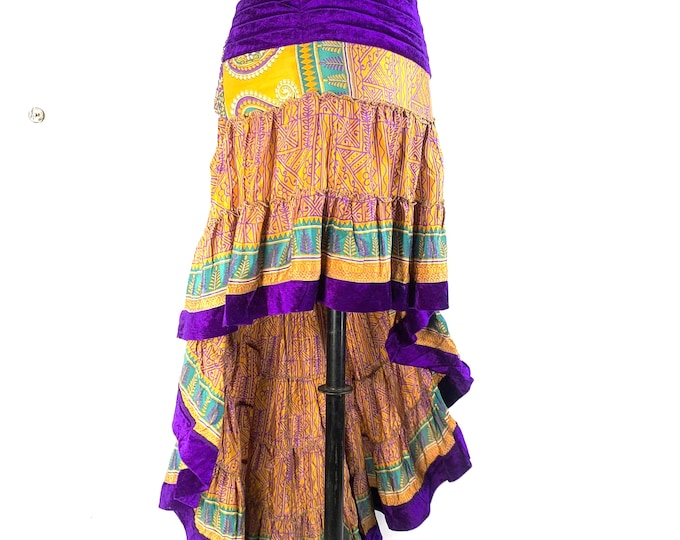 Layla Bohemian XL Waist Hi Low Silk Velvet Edged Skirt - One Size Plus [Fits up to 50" (127cm)] SKU:734-5554