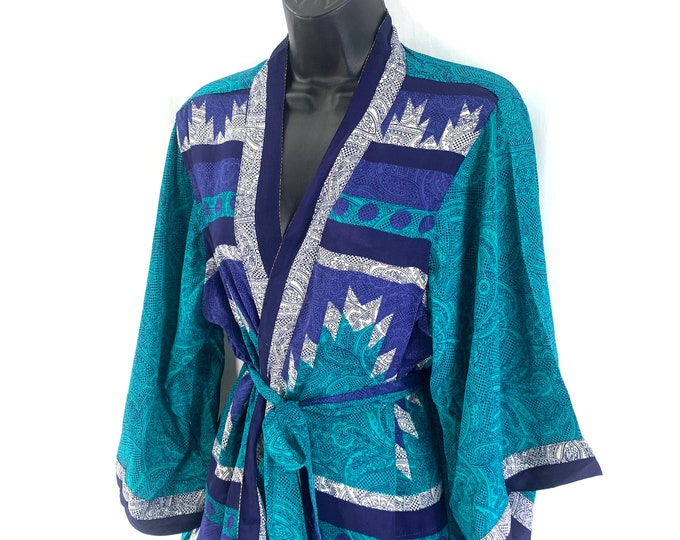 S/M. Luxury Reversible Silk Kimono Robe with deep pockets A perfect Dressing Gown, Bath Robe, Duster Jacket. SKU:725-3833