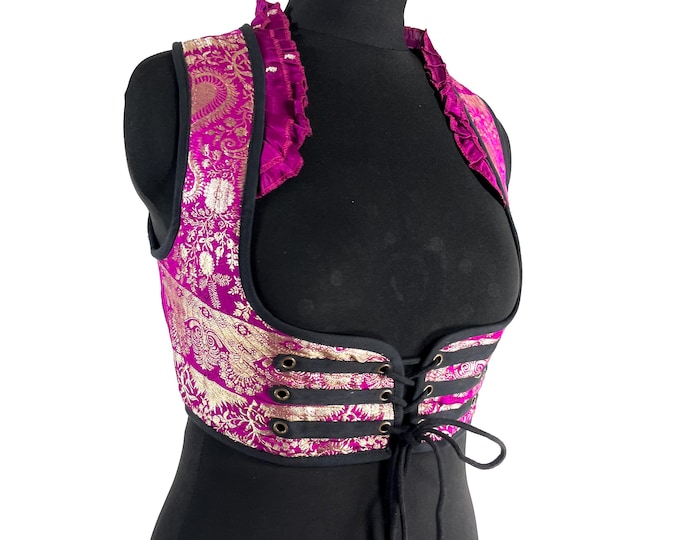 Underbust Corset Top; Ivy XL Pink & Gold steampunk vest handmade in Vintage Silk Brocade (SKU:2174-10133)
