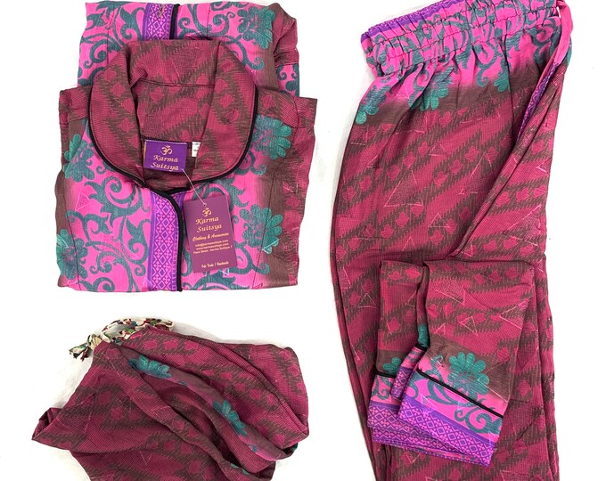 L. Luxury Silk Sari Pyjama Set with matching gift bag. Quality Handmade Nightwear.