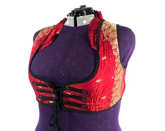 Underbust Corset Top; Ivy 6XL red & gold steampunk vest handmade in Vintage Silk Brocade (SKU:2179-10182)