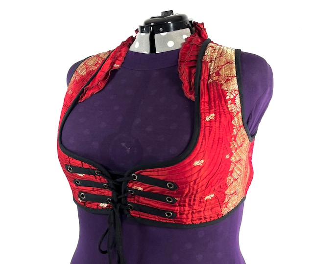 Underbust Corset Top; Ivy 6XL red & gold steampunk vest handmade in Vintage Silk Brocade (SKU:2179-10182)
