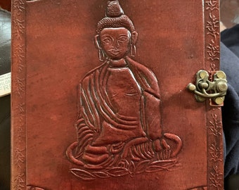 Buddha Notebook, Scrapbook, Journal or Album. Embossed leather cover, handmade plain paper 18cm x 11.5cm x 2cm