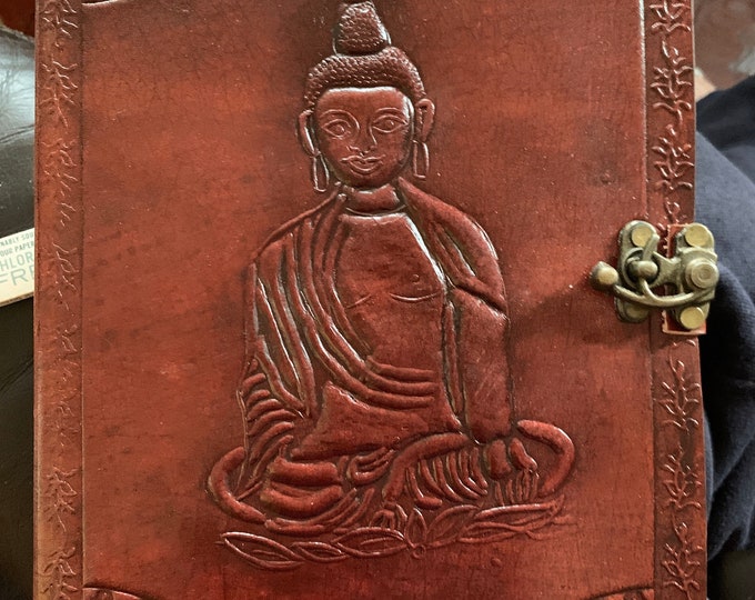 Buddha Notebook, Scrapbook, Journal or Album. Embossed leather cover, handmade plain paper 18cm x 11.5cm x 2cm