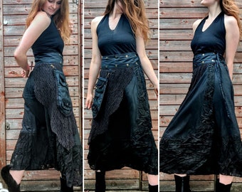 Black Steampunk Wrap Skirt in Cotton, Edwardian Long Skirt or Victorian Walking Skirt with a detachable 3 Pocket Purse. SKU:1040-BLACK