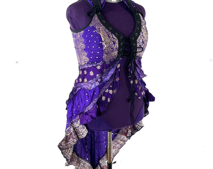 3XL. Sophia Corset Dress with Hi-Low tiered skirt, handmade from Vintage Silk Brocade. Renaissance Festival Steampunk SKU:2000-8592