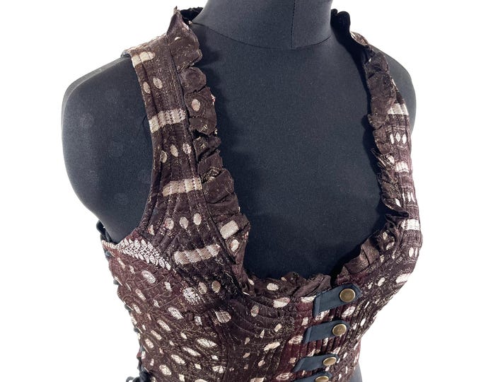 XL. Mia Waistcoat; Boho Top - Brown & Silver - Vintage Silk Brocade  (SKU:2144-9697)