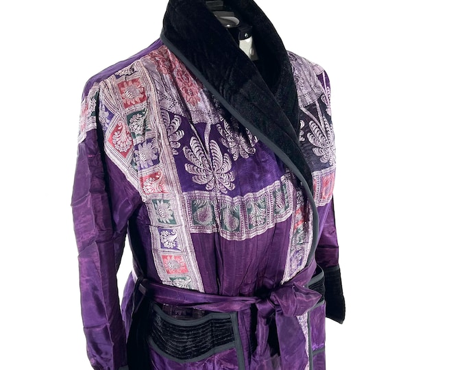 A Long Vintage Silk Brocade Coat; High Velvet Collar, 3 pockets, purple & silver unisex wrap jacket with belt SKU:3081-8534