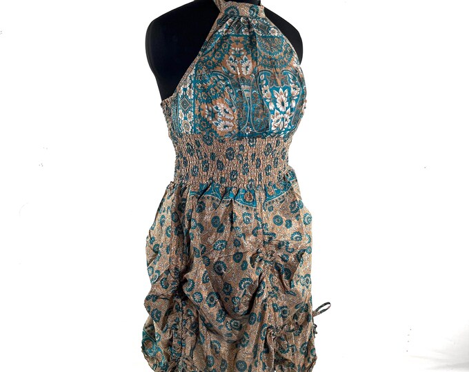 Sadie Silk Pixie Dress. One Size. A Sun Goddess Halter Dress with adjustable Rouches.  SKU:1031-10455