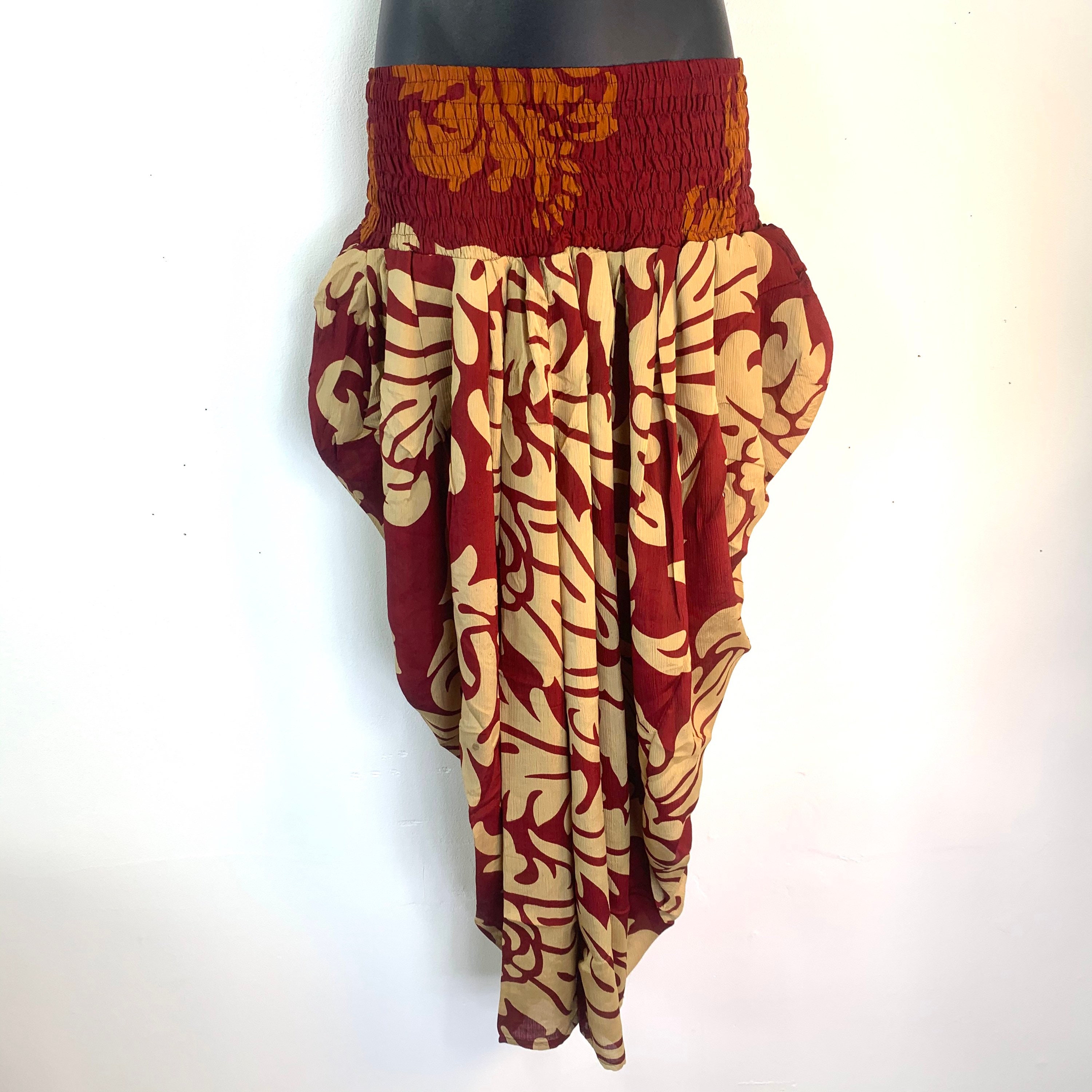 Image of Waterfall Harem Eco Trousers, Silk, Adult O/S], Maroon & Tan, Casual Pants, Elasticated, Loose, Comfortable