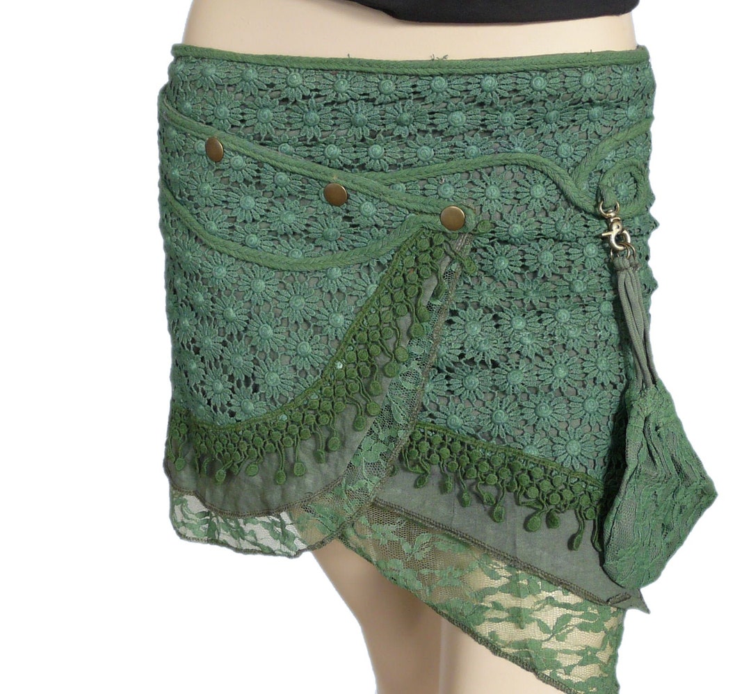 【mnem】Lily Lace Wrap Skirt Leaf Green Mini Wrap Skirt in Cotton Lace With Detachable
