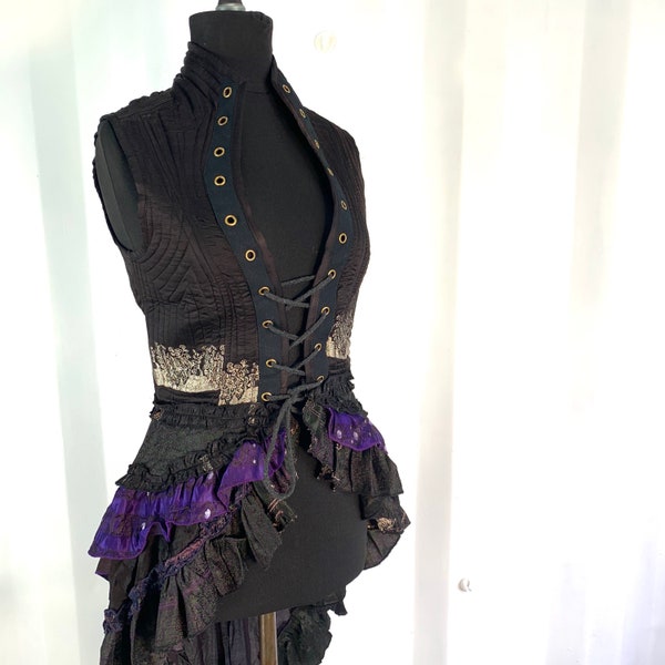 UK-M. Isabella Corset Dress. Silk brocade in Brown & Purple, Flamenco Larp, Tribal, Steampunk, Pagan, Goth