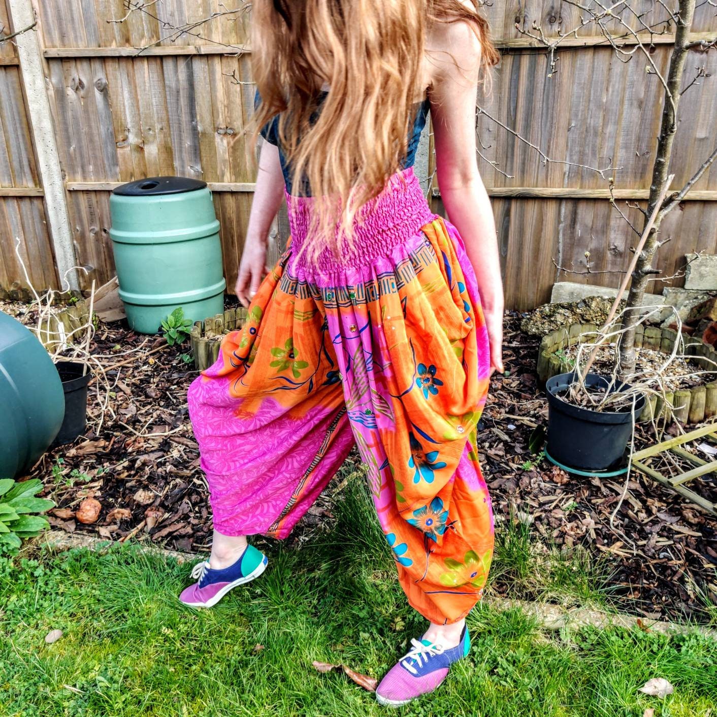 Image of Waterfall Baggy Harem Pants. Silk, One Size, Bright Orange Pink Blue Green Beaded Gem. Yoga Pants, Comfy Trousers