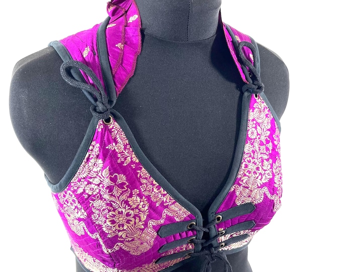 2XL. Fae Corset Top - Purple & Silver Bra Top - Vintage Silk Brocade  (SKU:3035-9782)
