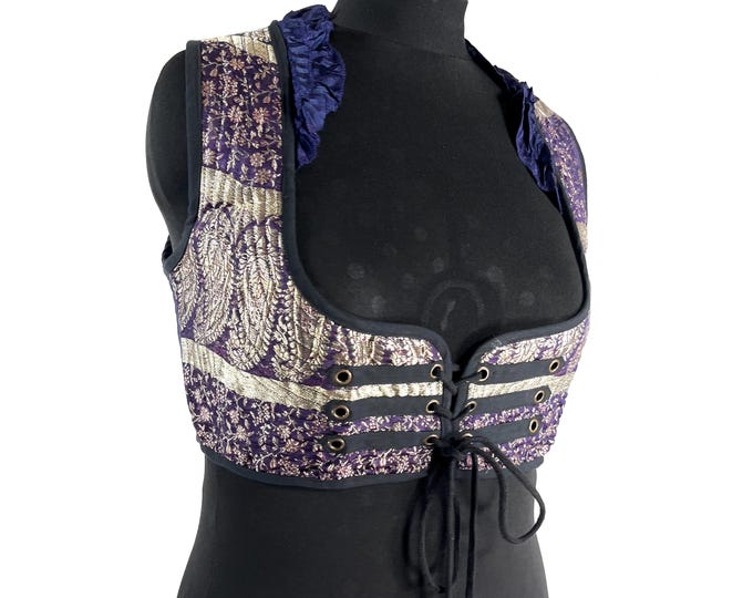 Underbust Corset Top; Ivy 2XL blue purple & silver steampunk vest handmade in Vintage Silk Brocade (SKU:2175-10149)