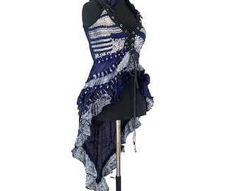 Sophia Corset Dress with Hi-Low tiered skirt handmade in Silk brocade. Steampunk Ren Faire UK-M SKU:2000-2970