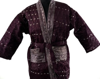 Quilted Silk Kimono Jacket XL; Vintage Brocade Robe, Generous Loose Fit, Japanese Style, Handmade.  SKU:758-7030