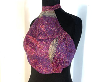 M/L Halter Crop Top, Brocade Silk in Pink Purple & Gold, Elf, Pixie, Festival, Goa