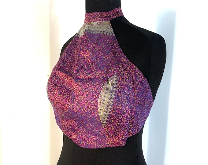 M/L Halter Crop Top, Brocade Silk in Pink Purple & Gold, Elf, Pixie, Festival, Goa