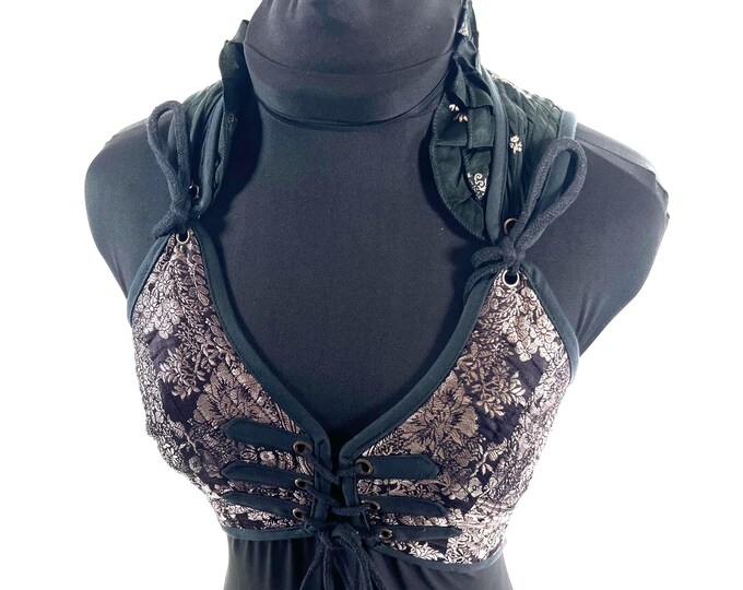 S. Fae Corset Top - Black & Silver Bra Top - Vintage Silk Brocade  (SKU:3031-9755)