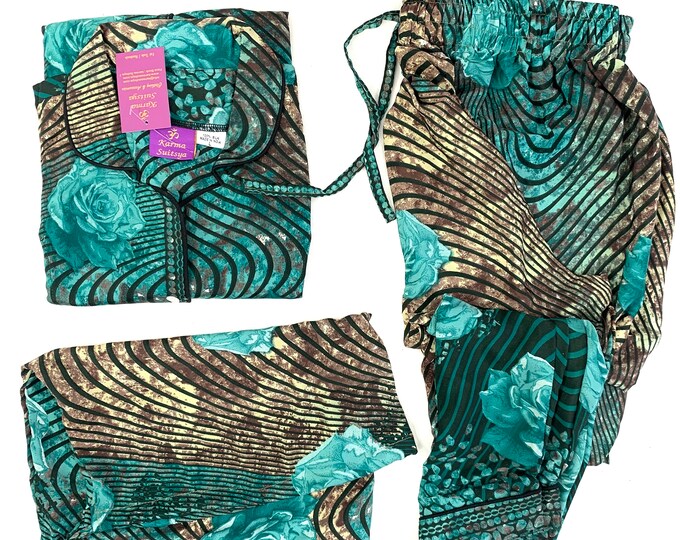 L. Luxury Silk Sari Pyjama Set with matching gift bag. Quality Handmade Nightwear. Perfect Valentine Gift for wife or girlfriend.