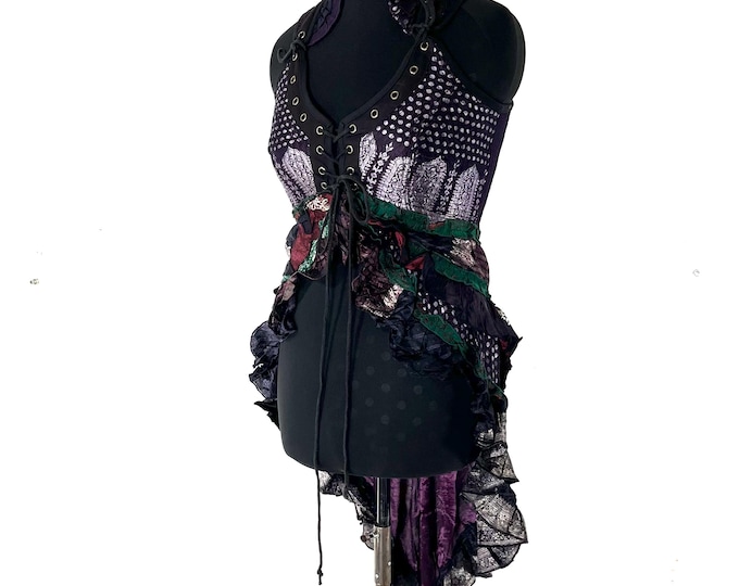 L. Sophia Corset Dress with a Hi-Low tiered skirt in Vintage Silk Brocade  (SKU:2000-8609)