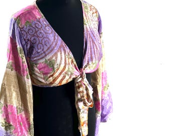 L/XL Joy Bell Sleeve Crop Top, Sari Summer Wrap, Handmade Silky, Light Hippy Style (SKU:572-10332)