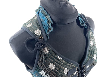 M. Fae Corset Top - Greenish & Silver Bra Top - Vintage Silk Brocade  (SKU:3032-9742)