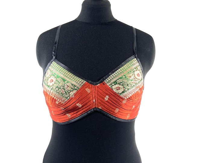 L Gia Cross Strap Bra Top, Handmade in Vintage Silk Brocade (SKU:2163-10023)