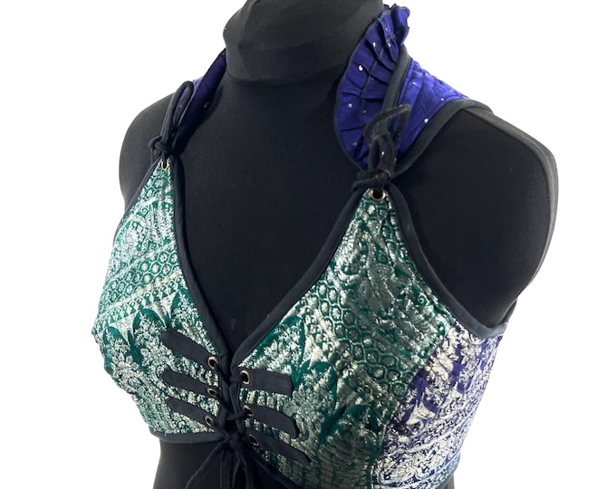 3XL. Fae Corset Top - Green & Silver Bra Top - Vintage Silk Brocade  (SKU:3036-9792)