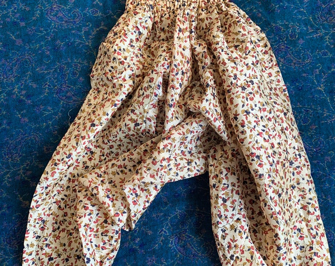 Child. Size 2 Crawler Harem Pants, Silk. Kids Drop-Crotch Trousers, Ali Baba, Afghan Pants in Beige & Brown.