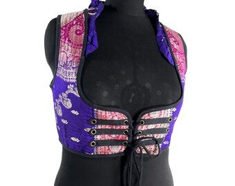 Underbust Corset Top; Ivy 2XL purple & pink steampunk vest handmade in Vintage Silk Brocade (SKU:2175-10146)