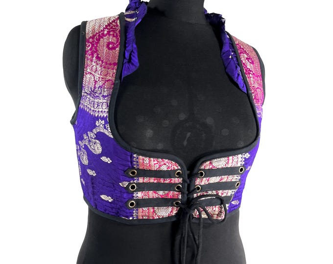 Underbust Corset Top; Ivy 2XL purple & pink steampunk vest handmade in Vintage Silk Brocade (SKU:2175-10146)