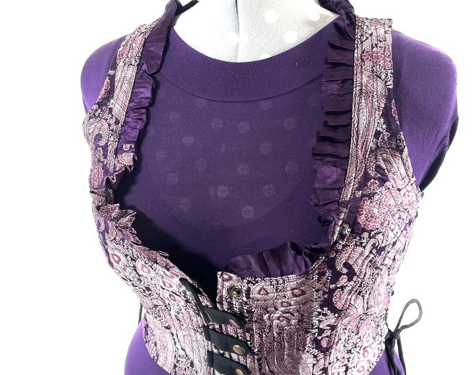 4XL. Mia Waistcoat; Boho Top - Purple & Silver - Vintage Silk Brocade  (SKU:2147-9729)
