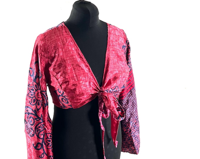 Joy Bell Sleeve Crop Top, Sari Summer Wrap, Handmade Silky, Light Hippy Style UK-L/XL (SKU:572-10320)