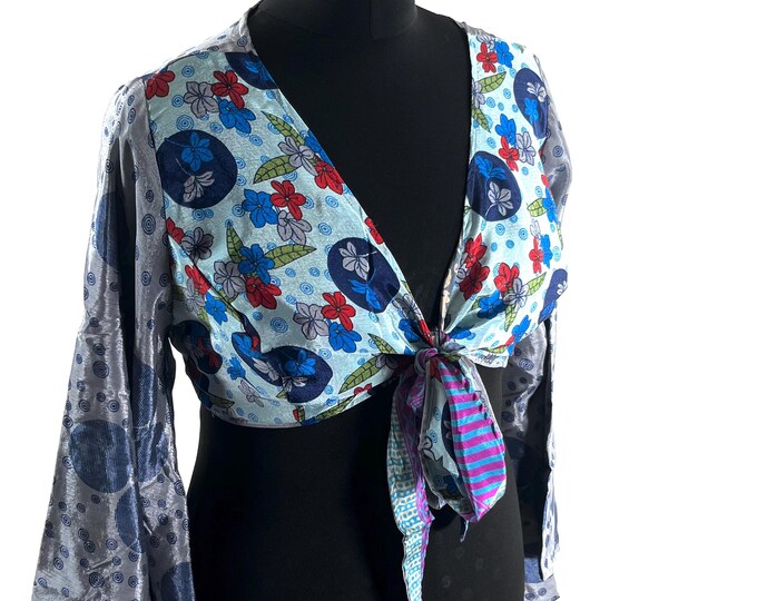 Joy Bell Sleeve Crop Top, Sari Summer Wrap, Handmade Silky, Light Hippy Style UK-2XL (SKU:573-10354)