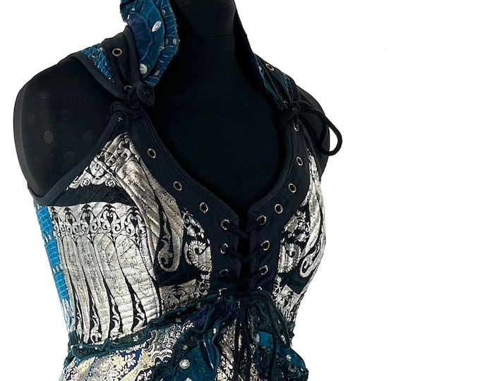 L. Sophia Corset Dress with a Hi-Low tiered skirt in Vintage Silk Brocade. Steampunk, Ren Faire, Festival  SKU:2000-8612