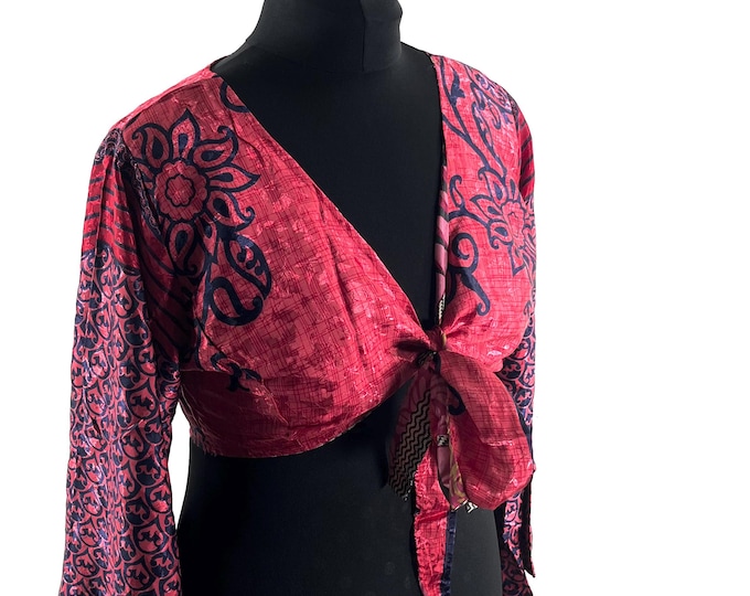 Joy Bell Sleeve Crop Top, Sari Summer Wrap, Handmade Silky, Light Hippy Style UK-2XL (SKU:573-10353)