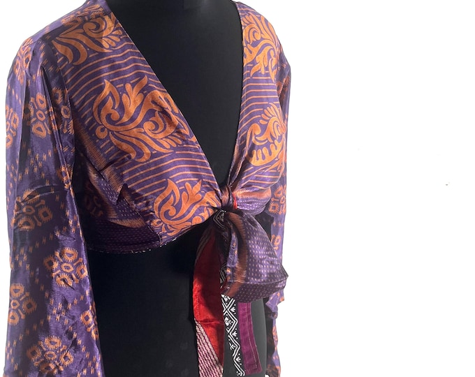 Joy Bell Sleeve Crop Top, Sari Summer Wrap, Handmade Silky, Light Hippy Style UK-2XL (SKU:573-10343)