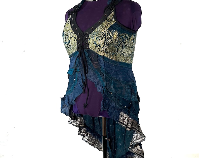 Sophia Corset Dress. Hi-Low tiered skirt, Silk brocade. Handmade Renaissance Festival UK-5XL (SKU:2000-8482)
