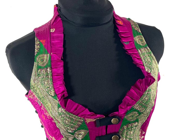 S. Mia Waistcoat; Boho Top - Pink & Green - Vintage Silk Brocade  (SKU:2141-9654)