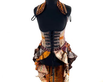 M Elisa Bustier Dress; Steampunk Under-bust Long Body Corset in Silk Brocade, (SKU:2004-10264)