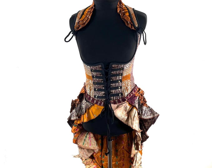 M Elisa Bustier Dress; Steampunk Under-bust Long Body Corset in Silk Brocade, (SKU:2004-10264)