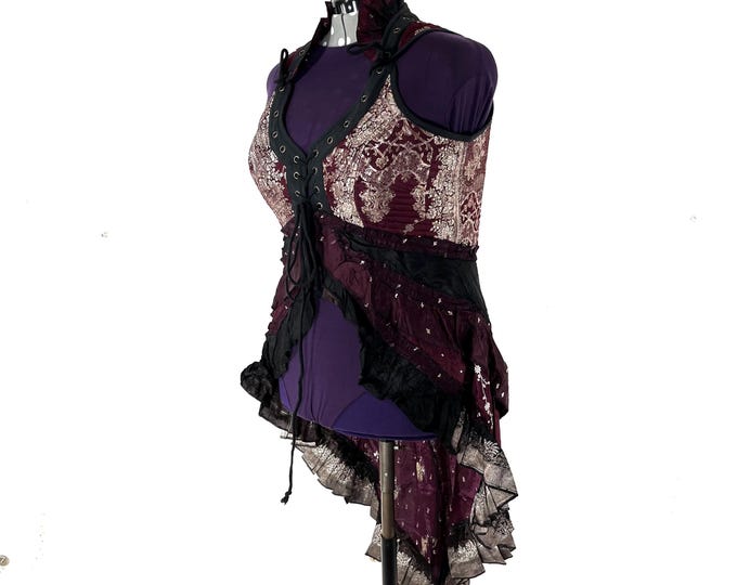 4XL. Sophia Corset Dress with Hi-Low tiered skirt in Silk brocade. Handmade Renaissance Festival Steampunk SKU:2000-8580