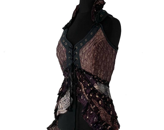 M. Sophia Corset Dress with Hi-Low tiered skirt in Vintage Silk Brocade. SKU:2000-8525