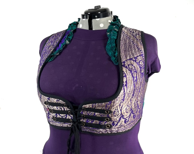 Underbust Corset Top; Ivy 5XL silver & green steampunk vest handmade in Vintage Silk Brocade (SKU:2178-10178)