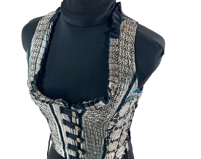 S. Mia Waistcoat; Boho Top - Blue & Silver - Vintage Silk Brocade  (SKU:2141-9652)